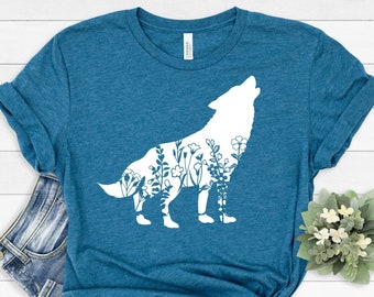 Wolf Shirt, Floral Wolf Shirt, Howling Wolf Tee, Animal Lover Shirt, Wolf Shirt, Women's Wolf Shirt, Wolf Lover Gift, Wildlife Animals Tee