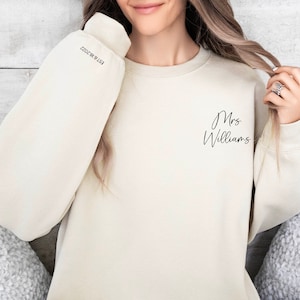 Custom Mrs. Embroidered Sweatshirt, Date On Sleeve, Personalized Gift for Bride, Wife Shirt, Future Mrs Hoodie, Engagement Gift, Bride To Be