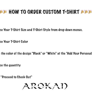 Puede incluir: Una lista de verificaci&oacute;n de los pasos sobre c&oacute;mo pedir una camiseta personalizada. Los pasos incluyen elegir la talla y el estilo de la camiseta, el color, el color del dise&ntilde;o, la cantidad y hacer clic en "Proceder al pago".