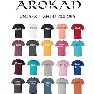 May include: A chart showing 18 different unisex t-shirt colors. The colors are arranged in a grid with three rows and six columns. The colors include black, white, navy, sunset, red, heather maroon, heather forest, heather mustard, heather raspberry, heather aqua, maroon, teal, heather stone, pink, true royal, dark grey heather, heather navy, heather deep teal, athletic heather, and heather autumn.