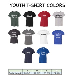 May include: Youth t-shirt color chart with 10 different colors, including Heather Forest, Black, Red, Athletic Heather, Dark Grey Heather, Deep Heather, White, Heather True Royal, Navy, and True Royal. The chart also includes size information for each color, with sizes ranging from 6-8 to 18-20.