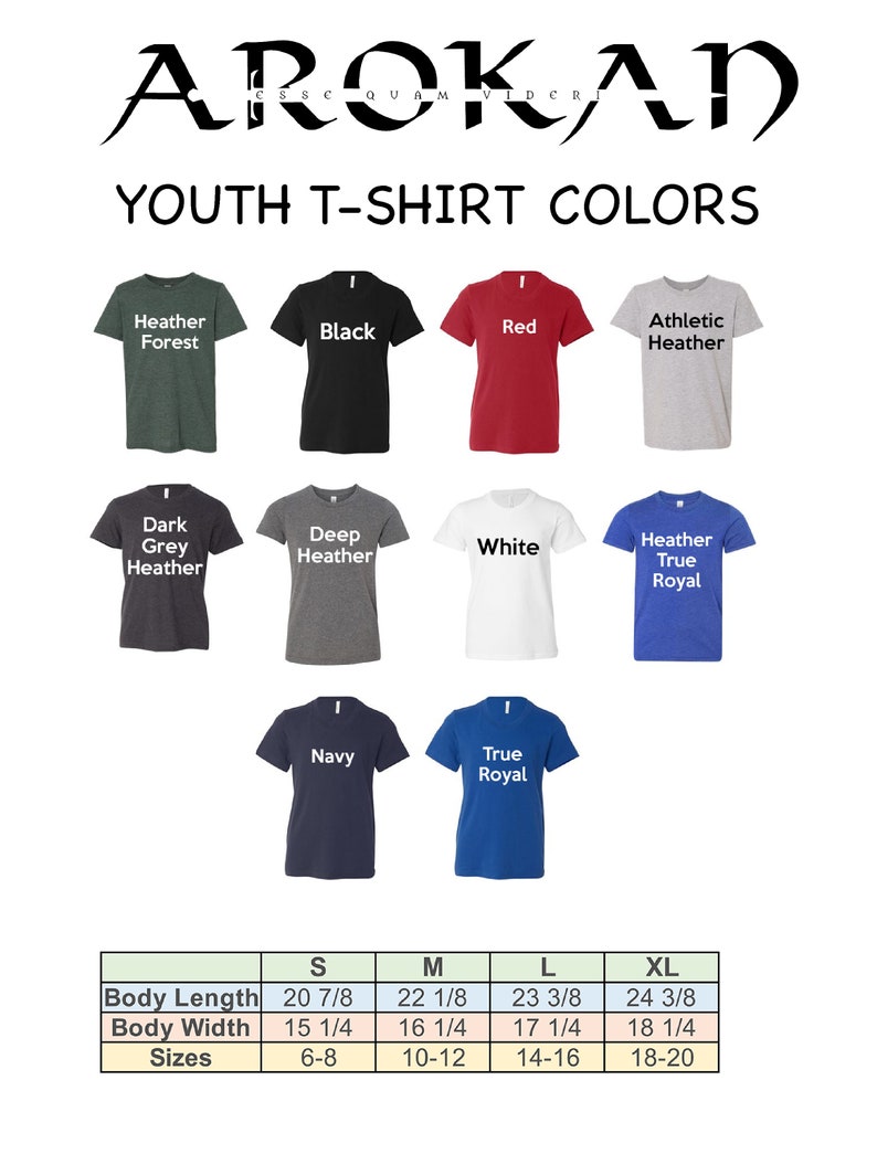 May include: Youth t-shirt color chart with 10 different colors, including Heather Forest, Black, Red, Athletic Heather, Dark Grey Heather, Deep Heather, White, Heather True Royal, Navy, and True Royal. The chart also includes size information for each color, with sizes ranging from 6-8 to 18-20.