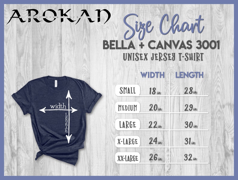 May include: Size chart for Bella + Canvas 3001 unisex jersey t-shirts. The chart shows the width and length measurements in inches for sizes small, medium, large, x-large, and xx-large.