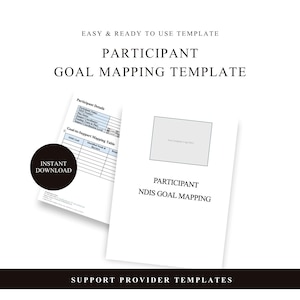 May include: White document titled "PARTICIPANT GOAL MAPPING TEMPLATE" with a table and the text "Participant Details." A second document is titled "PARTICIPANT NDIS GOAL MAPPING." A black circle reads "INSTANT DOWNLOAD." The text "SUPPORT PROVIDER TEMPLATES" is at the bottom.