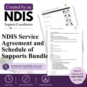 May include: A digital document bundle titled NDIS Service Agreement and Schedule of Supports Bundle, created by an NDIS Support Coordinator. It includes an Easy Read NDIS Service Agreement with illustrations and a standard NDIS Service Agreement form.