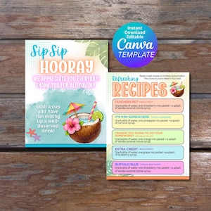 May include: Two printable templates on a wooden surface. One features a tropical drink illustration with text "Sip Sip Hooray". The other lists refreshing drink recipes. A Canva template logo is also visible.