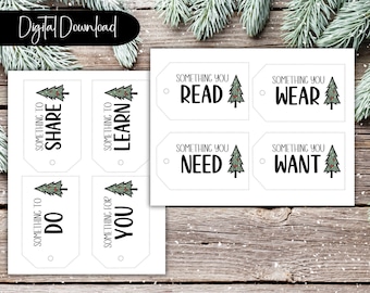 Può includere: Otto etichette regalo stampabili con un design a forma di albero di Natale. Le etichette hanno il testo "Something you..." seguito dalle parole "read", "wear", "need", "want", "do", "share", "learn" e "you".