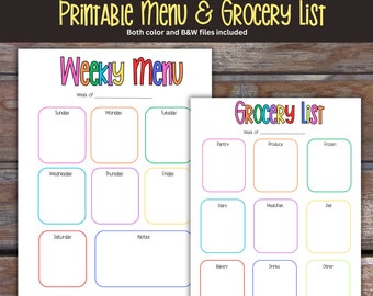 Planificateur de menus hebdomadaire imprimable : organisateur de liste d'épicerie (téléchargement numérique)