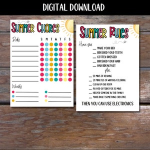 May include: Printable summer chore and rules chart with a colorful sun design. The chore chart has a daily and weekly section with circles to color in. The rules chart lists tasks like making your bed, brushing your teeth, and reading. The chart says "Then you can use electronics".