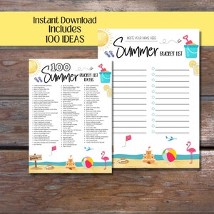 Printable Summer Bucket List , Blank Bucket List, 100 ideas, Summer To Do List, Instant Download
