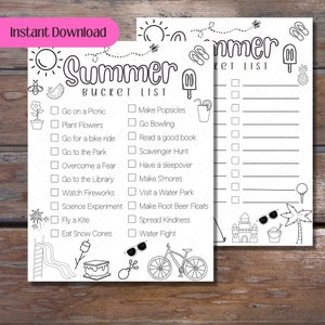 Printable Summer Bucket List, Blank Bucket List, Summer Activities Checklist, Summer To Do List, Instant Download, Color page