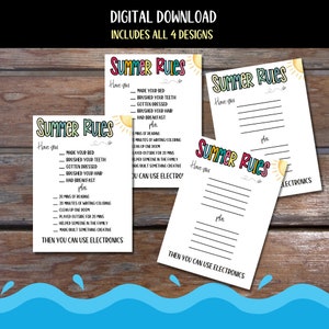 May include: Four printable summer rules checklists with a sun and the text "Summer Rules" in colorful letters. Each checklist has a list of chores to complete before using electronics. The checklists are designed for kids.