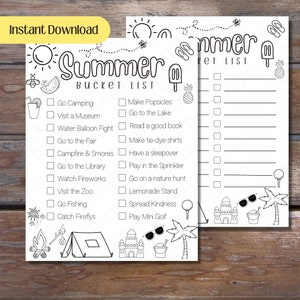 Printable Summer Bucket List, Blank Bucket List, Summer Activities Checklist, Summer To Do List, Instant Download, Color page