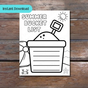 Printable Summer Bucket List, Blank Bucket List, Summer Activities Checklist, Summer To Do List, Instant Download, Color page