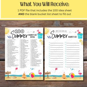 May include: A printable summer bucket list with 100 ideas for fun activities. The list includes ideas for the beach, home, and outdoor activities. The printable is designed with a beach theme and includes a bucket, a beach umbrella, a beach ball, and a flamingo.