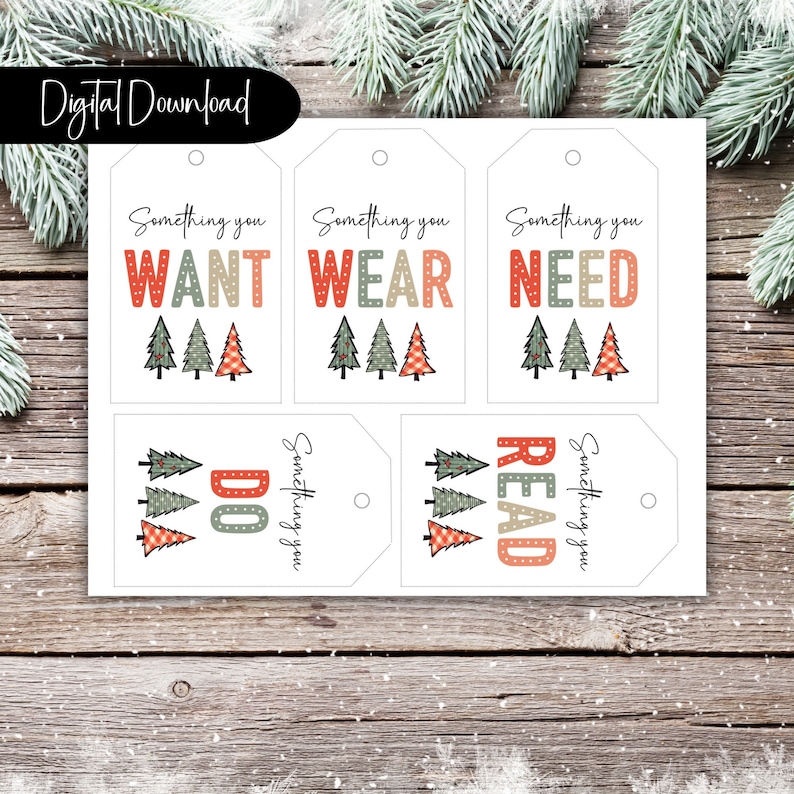 Something You Tags, Want, Wear, Need, Read Printable Christmas Gift Tags, Set of 5 Etsy
