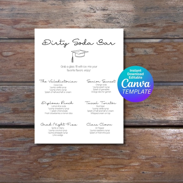 Graduation Dirty Soda Bar Menu Template | Editable Party Drink Sign (Digital Download)