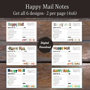 Puede incluir: Seis tarjetas imprimibles coloridas con el texto "Happy Mail" y un espacio para escribir un mensaje. Las tarjetas tienen una lista de verificación de razones para enviar una nota de correo feliz, como "trabajar duro", "ser un buen amigo" y "ser amable".