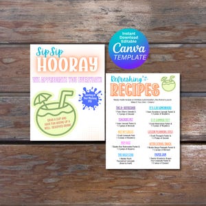 Op de afbeelding: Twee afdrukbare sjablonen op een houten oppervlak. Eén bevat de tekst "Sip Sip Hooray" en een drankafbeelding. De andere bevat drankrecepten met ingrediënten zoals Sonic Cherry Limeade en Raspberry. Bevat de tekst "Canva Template".