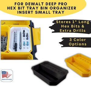 May include: A yellow and black DeWalt Deep Pro tool organizer with a white insert tray for storing 1-inch long hex bits and extra drills. The tray is labeled "American Made".