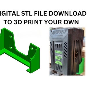 Puede incluir: Un soporte de pared verde impreso en 3D para una batería de herramienta eléctrica negra y verde. La batería está etiquetada como "UltraPower 40V". DESCARGA DE ARCHIVO STL DIGITAL PARA IMPRIMIR EN 3D TU PROPIO