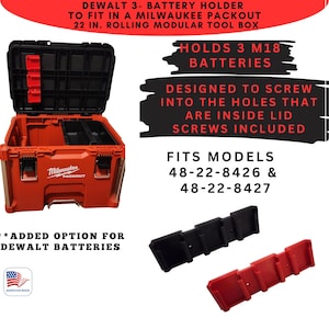May include: An open red Milwaukee Packout rolling modular tool box with black and red battery holders. The text on the image says it holds 3 M18 batteries and fits models 48-22-8426 & 48-22-8427. It also has an added option for Dewalt batteries.
