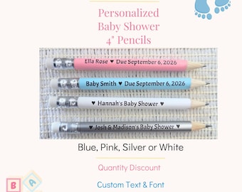 Personalized BABY SHOWER Game Pencils 4" golf mini pencils - Custom Name and Due Date - Pink Blue Silver or White