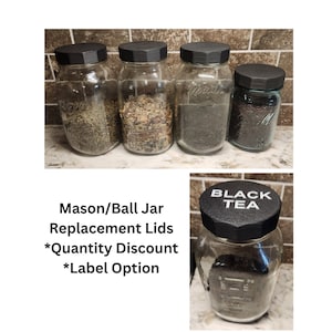 Mason Ball Jar Lid Replacement BLACK Plastic Cap |Regular Mouth 16oz & 32oz Quart/1L | Quantity Discount |Custom Label Option| HANDWASH ONLY image 1