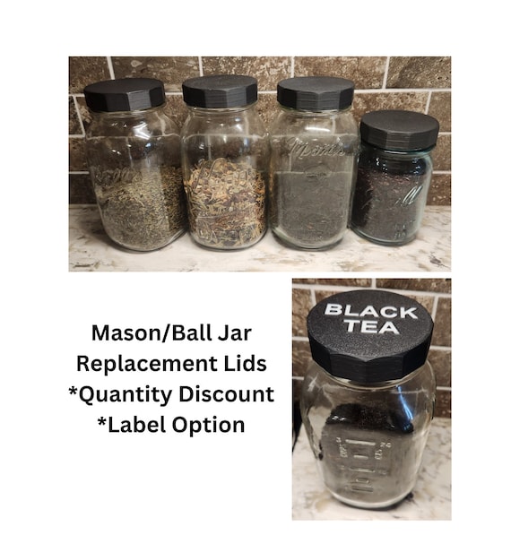 Mason Ball Jar Lid Replacement BLACK Plastic Cap |Regular Mouth 16oz & 32oz Quart/1L | Quantity Discount |Custom Label Option| HANDWASH ONLY