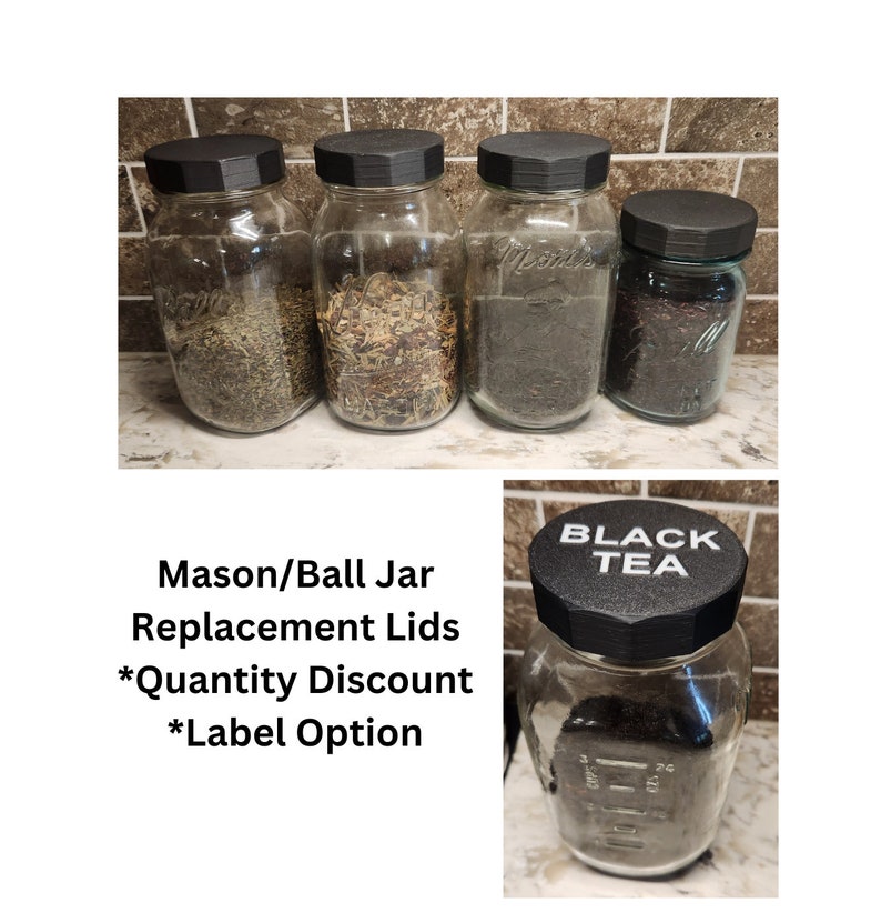 Mason Ball Jar Lid Replacement BLACK Plastic Cap |Regular Mouth 16oz & 32oz Quart/1L | Quantity Discount |Custom Label Option| HANDWASH ONLY image 1