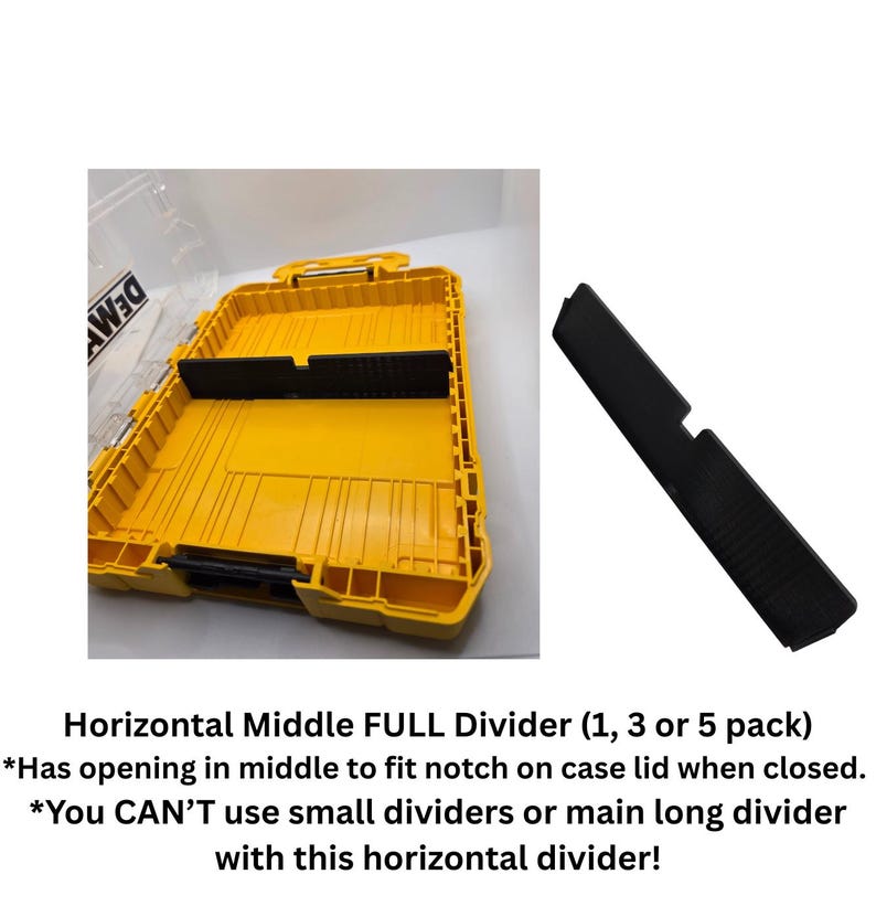 Może przedstawiać: Ż&oacute;łta plastikowa skrzynka narzędziowa z czarnym separatorem i oddzielnym czarnym separatorem. Tekst brzmi "Horizontal Middle FULL Divider". Skrzynka ma uchwyt i jest przeznaczona do przechowywania narzędzi.