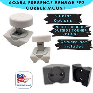 May include: White and gray Aqara Presence Sensor FP2 corner mount. The image shows three color options, inside and outside corner options, and the text "Camera not included." An American flag graphic is also present.