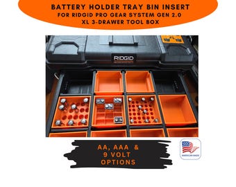 For Ridgid Pro Gear System Gen 2.0 XL 3-Drawer Tool Box | Battery Tray Bin Insert | AAA AA 9 Volt Option|Orange or Black| Fits Middle Row