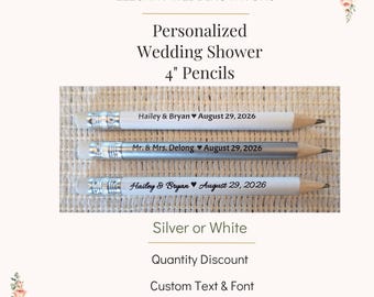 Personalized Wedding Bridal Shower Game Pencils 4" golf mini pencil - Custom Name and Wedding Date - WHITE or SILVER