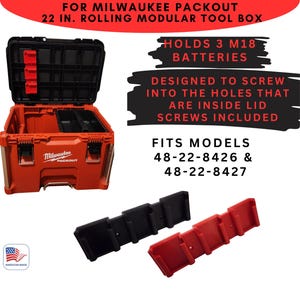 May include: A red Milwaukee Packout 22-inch rolling modular tool box with a black lid. The box is designed to hold three M18 batteries and includes screws for attaching the batteries to the lid. The box fits models 48-22-8426 and 48-22-8427.