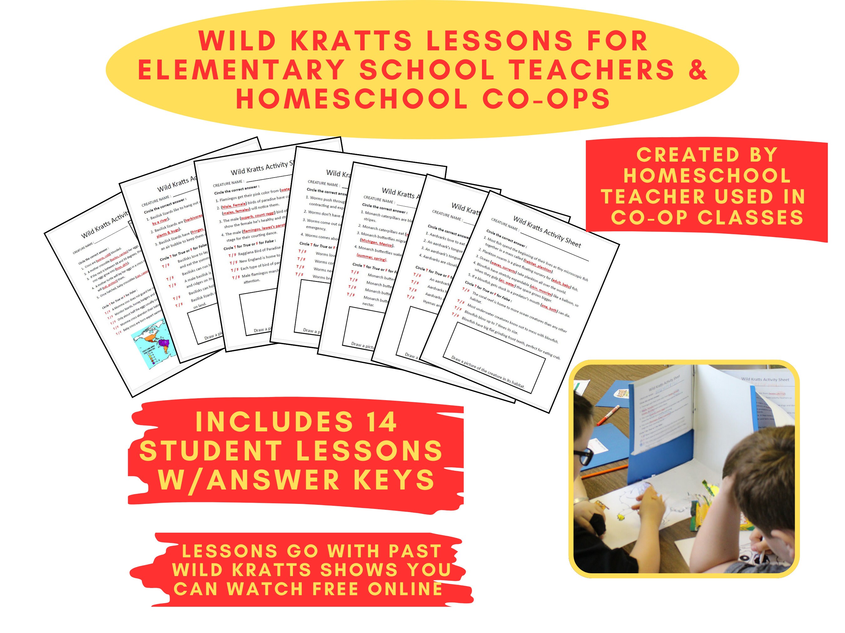 Printable Educational Wild Kratts Video Lesson Sheets & Answer Key for ELEMENTARY Teacher or HOMESCHOOL Co-op Science Classes