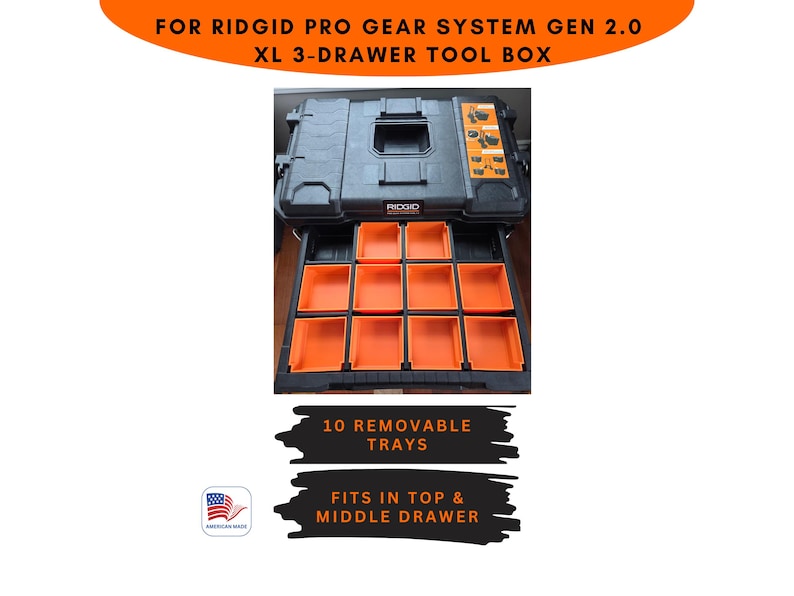 May include: Black Ridgid Pro Gear System XL 3-Drawer Tool Box with orange removable trays. The tool box has the text "RIDGID" on the front. The image also includes the text "10 REMOVABLE TRAYS" and "FITS IN TOP & MIDDLE DRAWER".