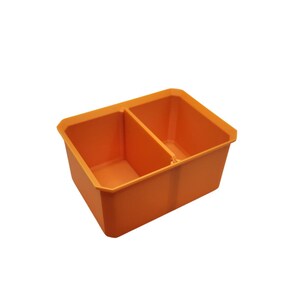 May include: Orange plastic divided storage container with two compartments.
