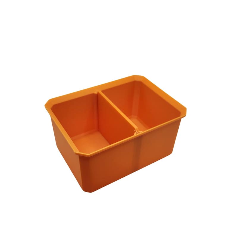 May include: Orange plastic divided storage container with two compartments.