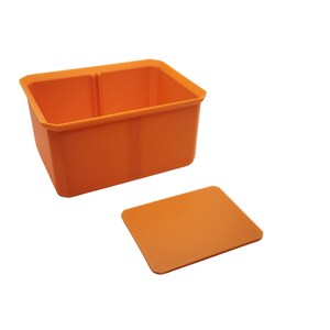 May include: Orange plastic container with a lid. The container has two compartments.
