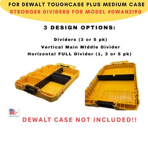 Może przedstawiać: Ż&oacute;łta skrzynka DEWALT ToughCase Plus Medium Case z czarnymi przegrodami. Obrazek przedstawia trzy opcje projektu: Przegrody (3 lub 5 szt.), Pionowa przegroda środkowa gł&oacute;wna i Pozioma przegroda PEŁNA (1, 3 lub 5 szt.). Tekst m&oacute;wi "SKRZYNKA DEWALT NIE JEST DOŁĄCZONA!!"