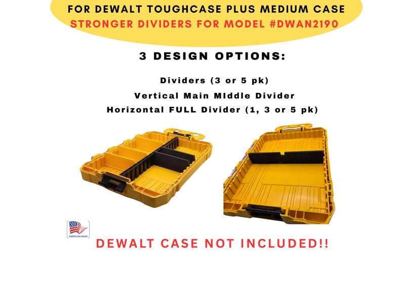 Może przedstawiać: Ż&oacute;łta skrzynka DEWALT ToughCase Plus Medium Case z czarnymi przegrodami. Obrazek przedstawia trzy opcje projektu: Przegrody (3 lub 5 szt.), Pionowa przegroda środkowa gł&oacute;wna i Pozioma przegroda PEŁNA (1, 3 lub 5 szt.). Tekst m&oacute;wi "SKRZYNKA DEWALT NIE JEST DOŁĄCZONA!!"