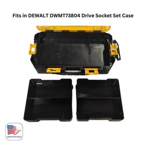 May include: A black and yellow plastic tool storage case with the text "Fits in DEWALT DWMT73804 Drive Socket Set Case" printed on the top. The case is open and has two removable trays.