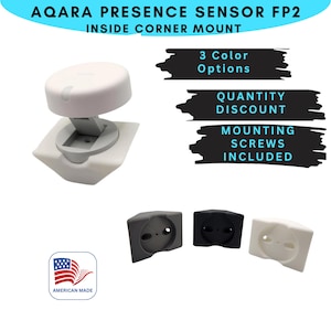 May include: A white Aqara Presence Sensor FP2 inside corner mount with three color options. The sensor is mounted on a white base and has a round, white cover. The image also shows the text "Quantity Discount", "Mounting Screws Included", and "American Made".