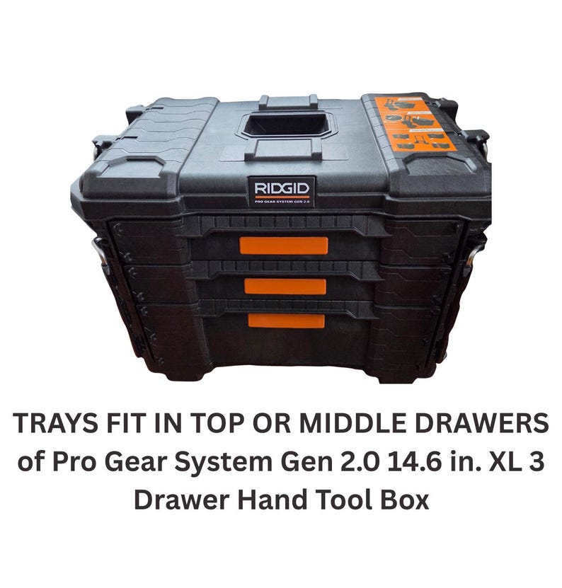 May include: Black Ridgid Pro Gear System Gen 2.0 14.6 in. XL 3 Drawer Hand Tool Box. The tool box has orange accents and the text "TRAYS FIT IN TOP OR MIDDLE DRAWERS" is displayed below the tool box.