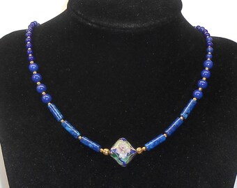 Minimalist Cloisonne Necklace, Blue Riverstone Beaded Necklace, Cloisonne Accented Choker, N02028