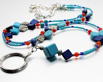 Southwestern Beaded ID Lanyard: Turquoise & Lapis Lazuli