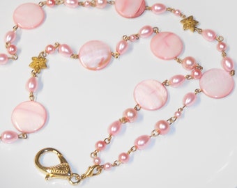 Pink Lanyard, Pink Pearl & Mother of Pearl Beaded Id Lanyard, Teacher Id Key Lanyard, Cruise Lanyard, LY15106