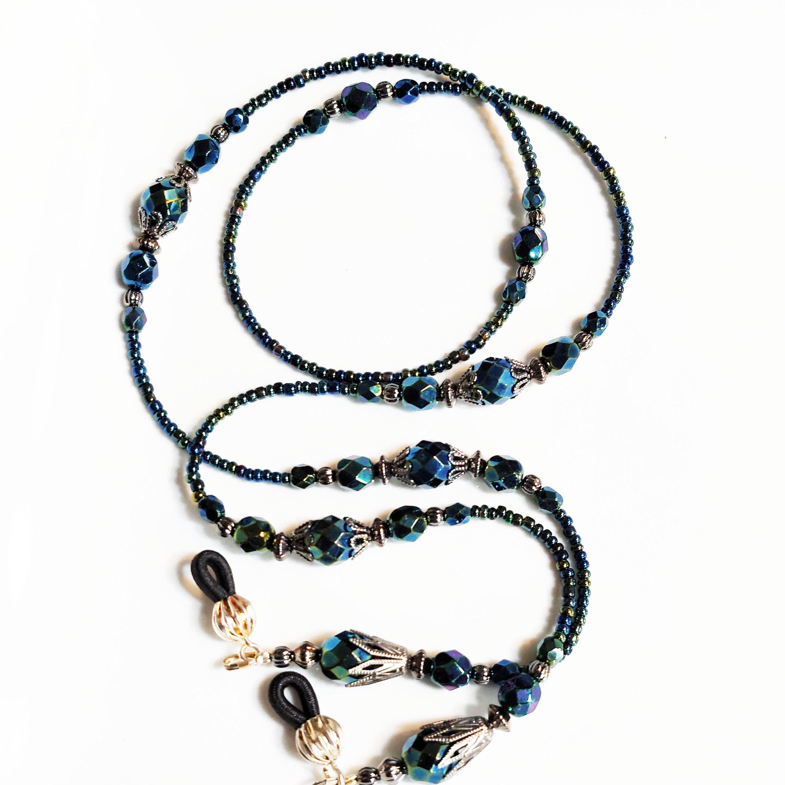 Vintage Beaded Eyeglass Chain: Blue Green Czech Glass 