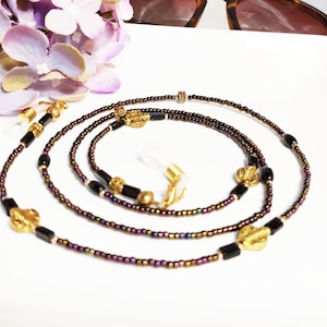 Boho Beaded Eyeglass Chain: Metallic Purple Iris, Gold Flower Accent
